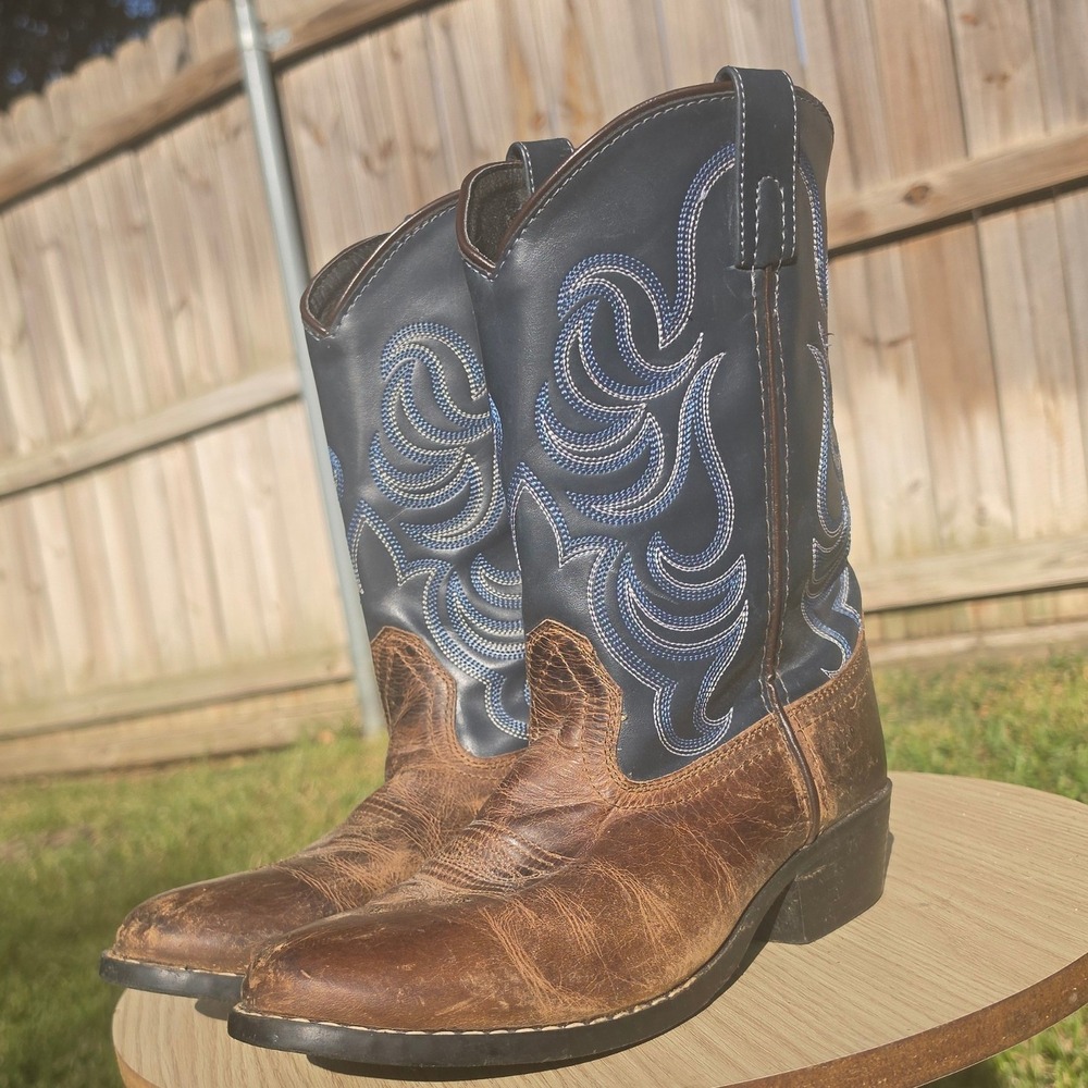 Brown and Navy Blue Western Cowboy Boots with Decorative Stitching